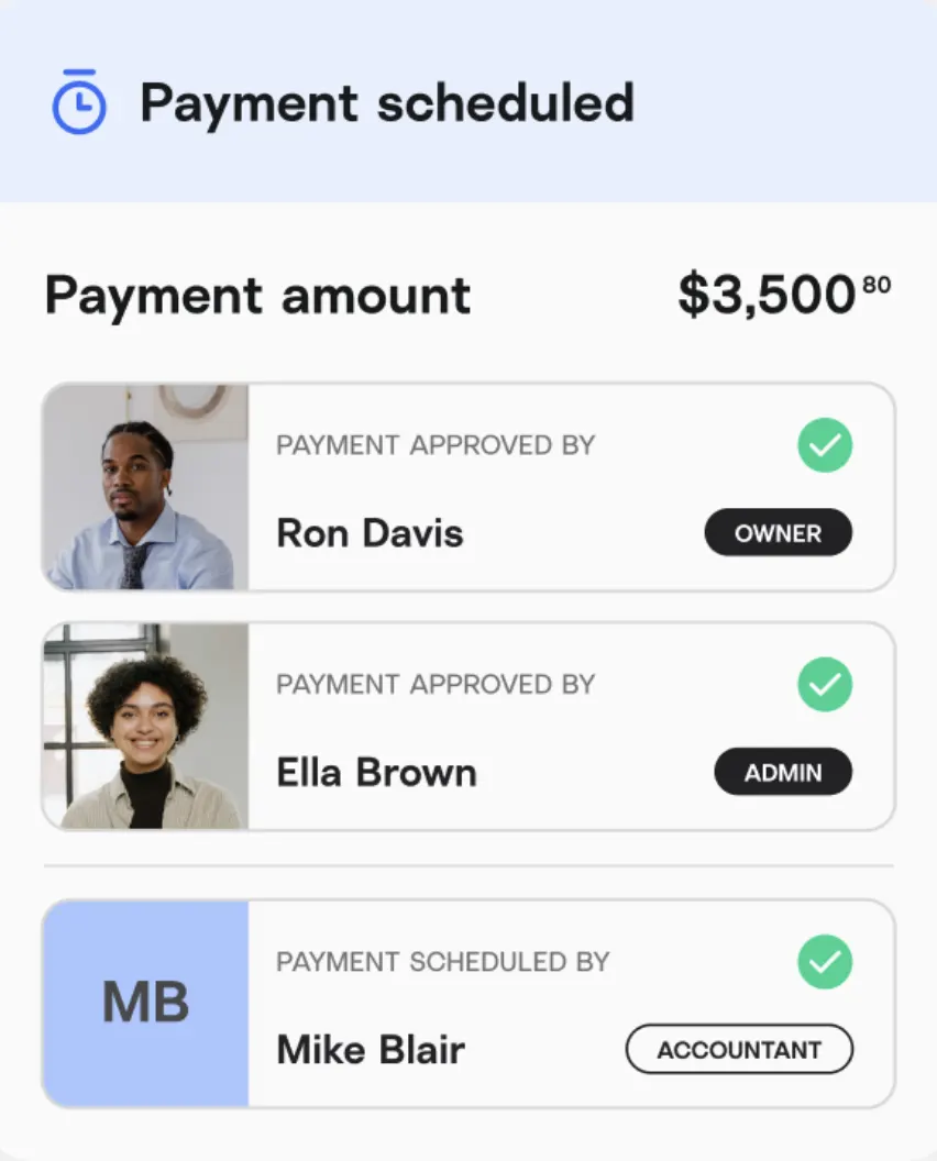 Digital interface showing a scheduled payment of $3,500.80 with approvals from an owner, admin, and accountant.