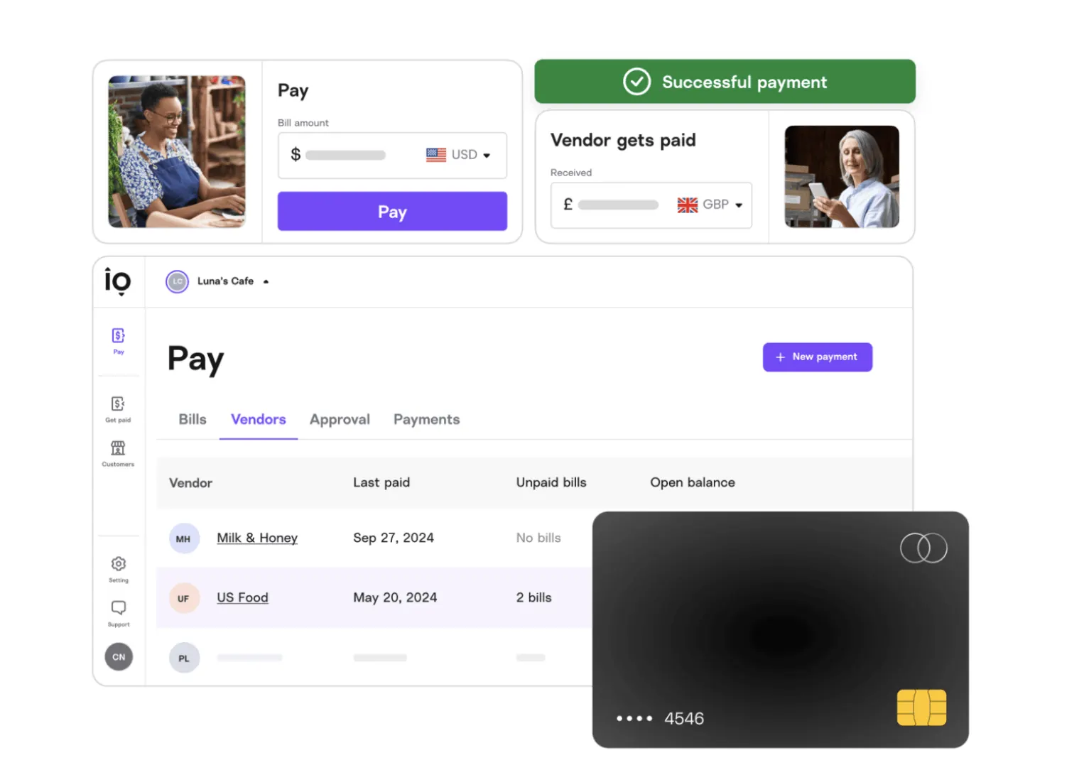 Digital graphic of an online business payment dashboard showing vendor lists alongside an illustrative black credit card.