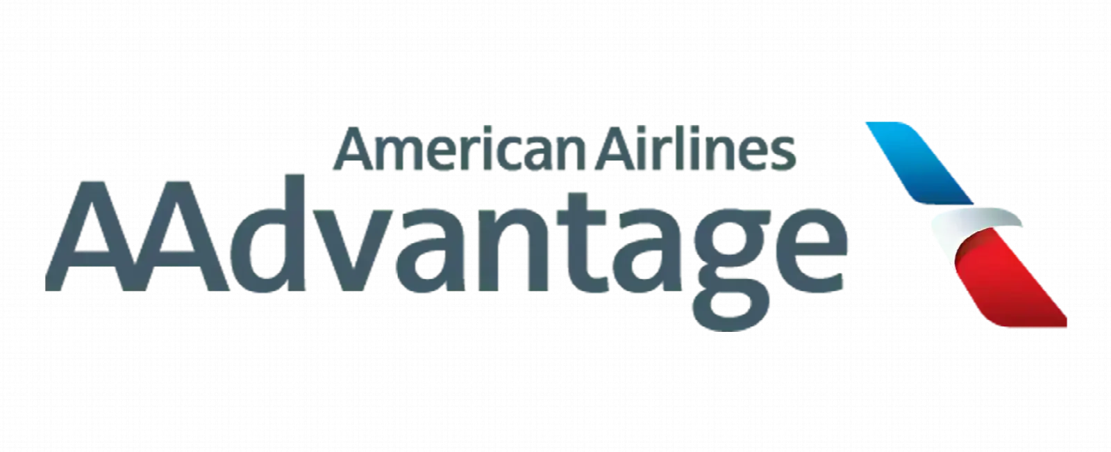 American Airlines AAdvantage loyalty program logo featuring gray typography and a stylized red, white, and blue wing icon on a black background.