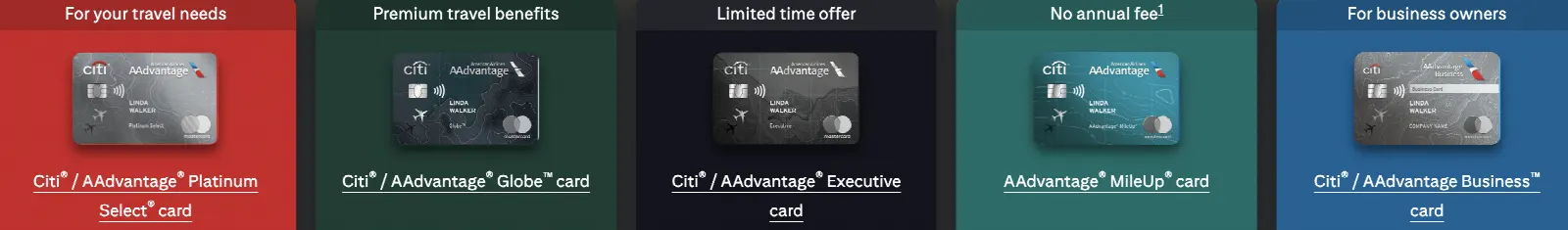 Five Citi AAdvantage credit cards displayed side-by-side in colored panels highlighting various tiers and features.