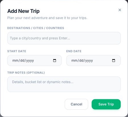 Suitcase2Go Add New Trip interface displaying destination and travel date fields.