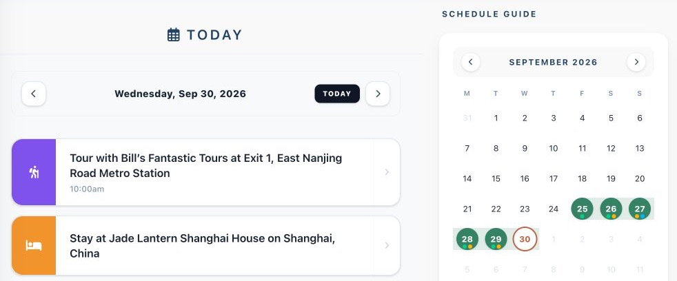 Day-by-day trip itinerary interface with calendar and scheduled activities