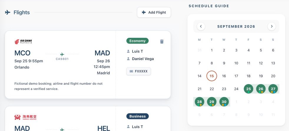 Suitcase2Go travel schedule screen displaying flight bookings alongside a monthly calendar guide.