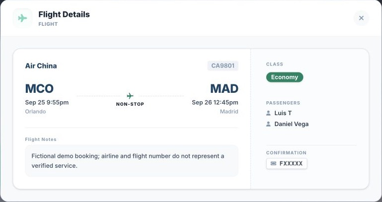 Flight Details modal dialog in Suitcase2Go showing flight times, cabin class, and passenger details.