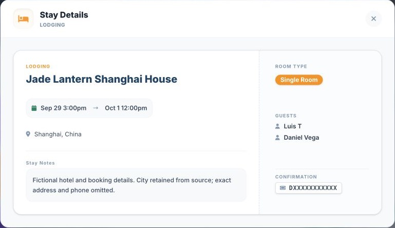 Stay Details dialog in the travel app showing check-in and check-out times