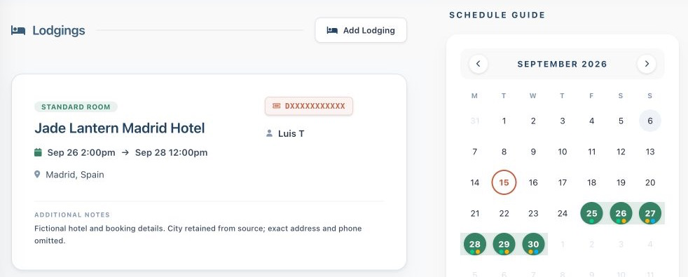 Demo hotel booking card with stay dates, city, traveler and masked reference beside the monthly schedule guide. Fictional hotel.