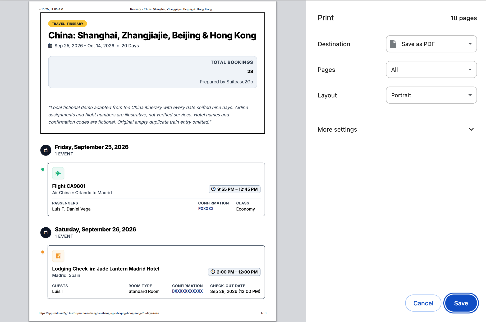 Browser print preview window displaying a trip itinerary ready to save as a PDF.