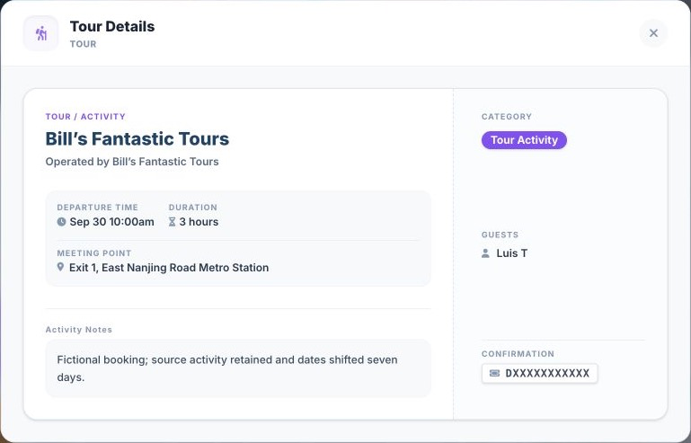 Suitcase2Go tour details window showing activity time, meeting point, and duration.